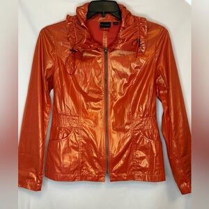 Tribal Metallic Orange Zip Front Jacket Sz 8 Shiny Windbreaker Ruffle Collar